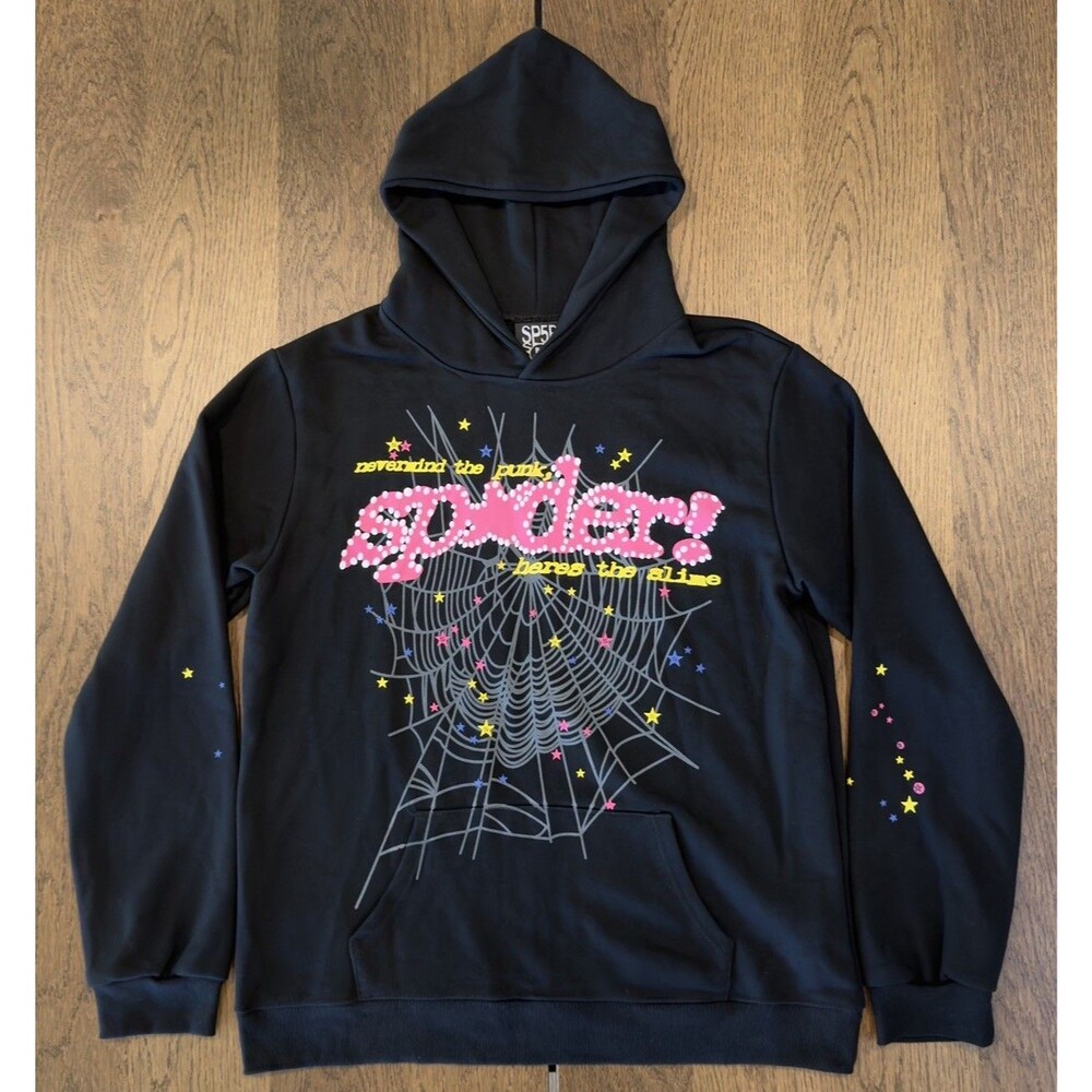 Sp5der Worldwide Black P*nk V2 Hoodie Womens Sz M Spider Web Puff Print Pocket